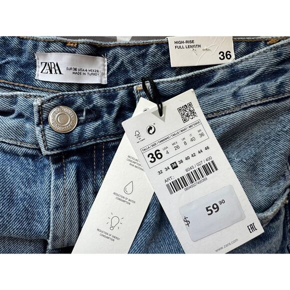 New ZARA Women's Blue Denim High Rise Full Length Wide Leg Jeans Size 4 - Picture 4 of 6